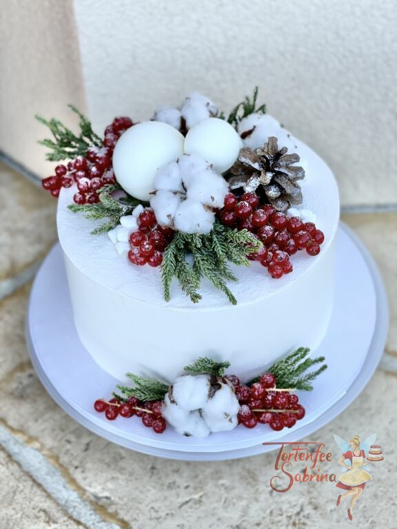 Anlasstorte - Der Winter kommt, die Torte wurde mit Schnee, Zapfen, Zweigen und roten Beeren liebevoll verziert.