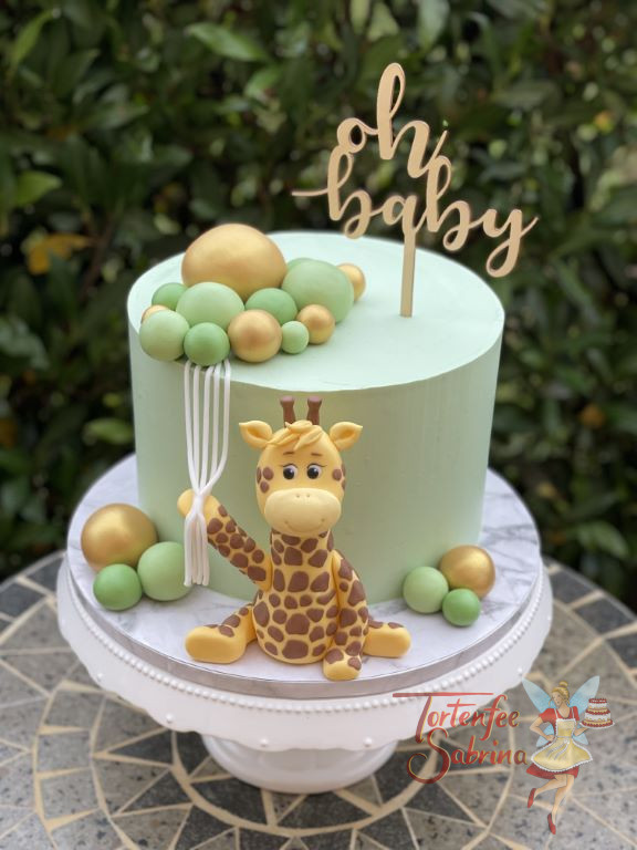 Babytorte - Erfreute Giraffe ist ganz stolz und hält ganz viele bunte Luftballons in der Hand welche die Torte zieren.