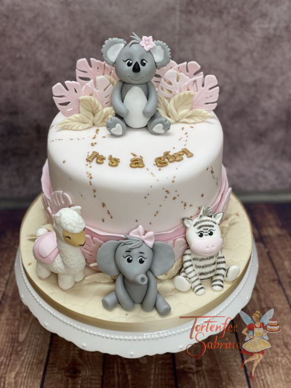 Babytorte - Koalas Freunde, das Lama, der Elefant und das Zebra sitzten mit dem Koalabären auf der Torte zusammen.