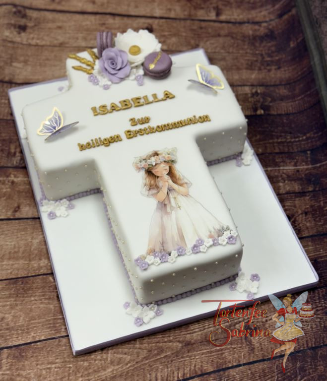 Erstkommunionstorte - Das betende Mädchen mit Rosenkranz verziert neben vielen bunten Blumen und Blüten die Torte.