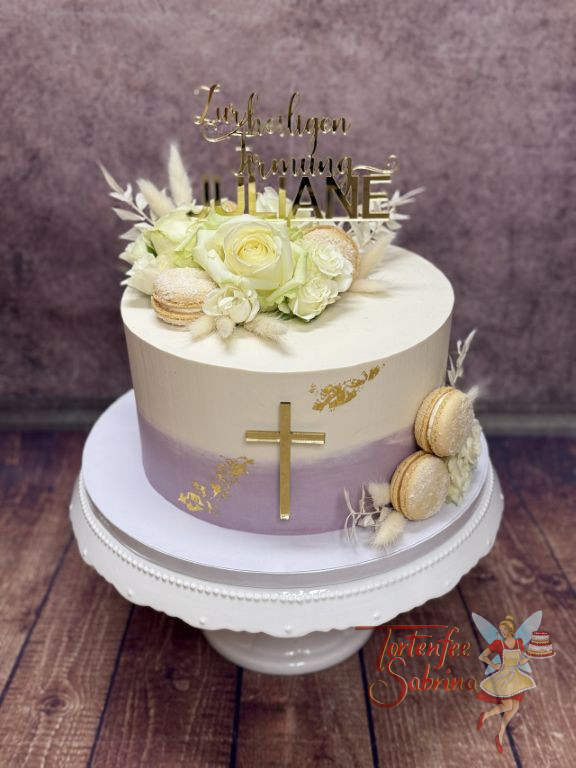 Firmungstorte - Weisse Ähren verzieren neben Rosen und dem goldenen Caketopper die zweifärbig eingestrichene Torte.