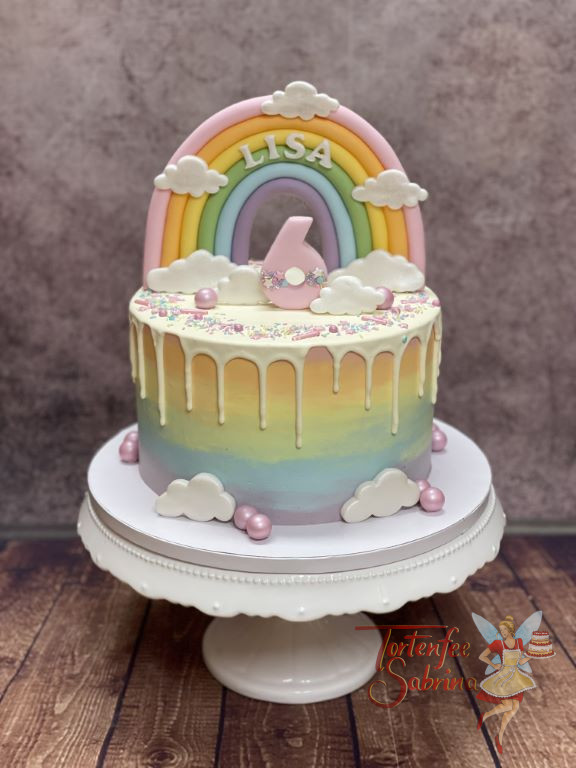 Geburtstagstorte Mädchen - Alle Farben des Regenbogen sind auf dieser Torte seitlich zu sehen, gekörnt von einem weißen Drip.