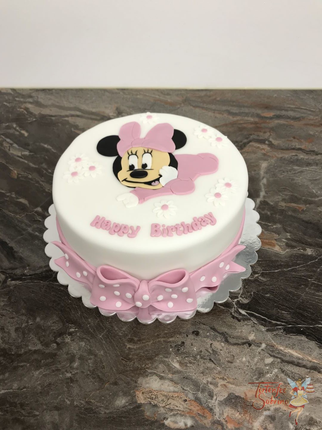 Geburtstagstorte Erwachsene - Baby Minnie Mouse mit Blumen und rosa Schleife