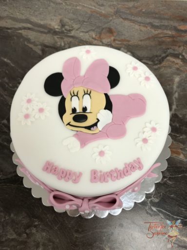 Geburtstagstorte Erwachsene - Baby Minnie Mouse mit Blumen und rosa Schleife