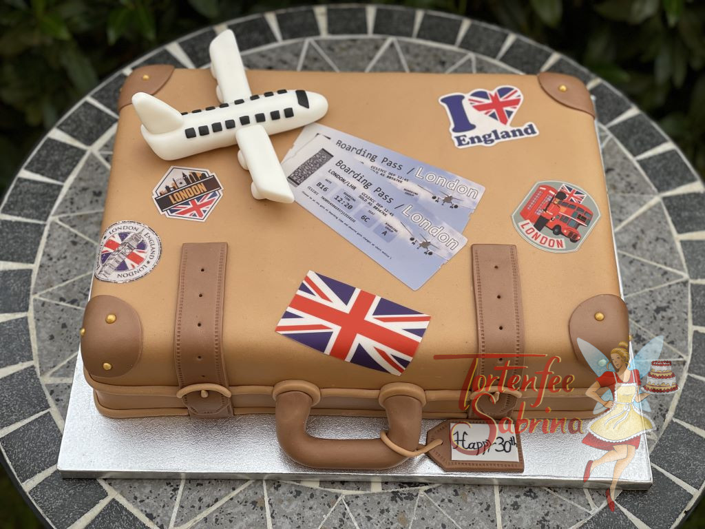 Geburtstagstorte Erwachsene - Departure to England, die Reise geht mit dem braunen Koffer auf die Insel nach London.