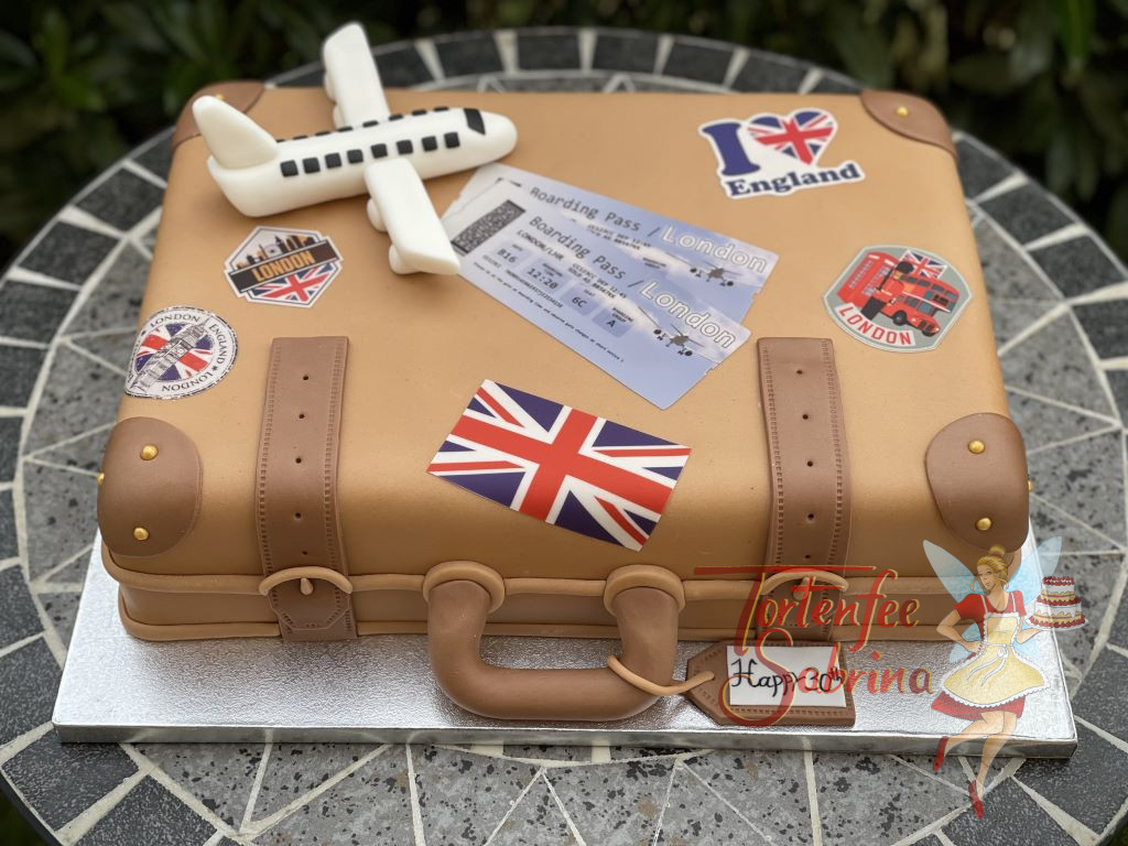 Geburtstagstorte Erwachsene - Departure to England, die Reise geht mit dem braunen Koffer auf die Insel nach London.