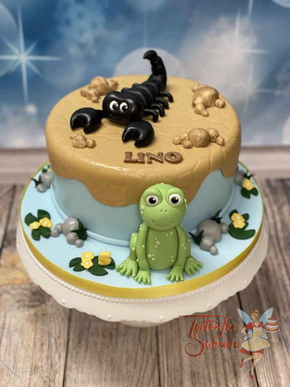 Geburtstagstorte - Der Frosch im Wasser und der kleine Skorpion ist am trocken Wüstensand unterwegs für das Geburtstagskind.