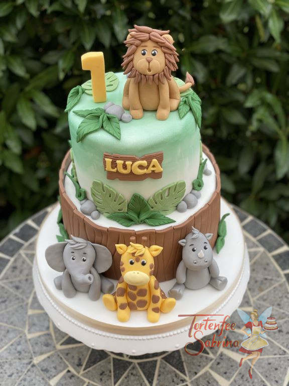 Geburtstagstorte Buben - Der Löwe ruft zur Feier im Dschungel und seine Freunde der Elefant, die Giraffe und das Nashorn kommen.
