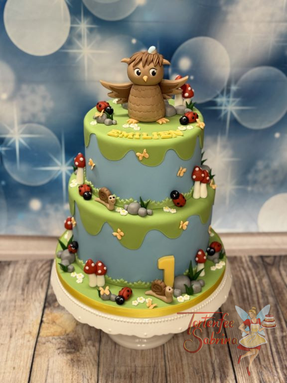 Geburtstagstorte Buben - Die Eule mit der Beule breitet ganz oben auf der zweistöckigen Torte ihre kleinen Flügel aus.