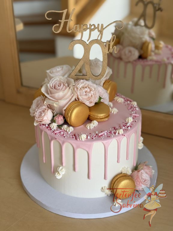 Geburtstagstorte Erwachsene - Die goldene 20zig verziert als Caketopper den rosa Drip Cake mit weißen Blumen.