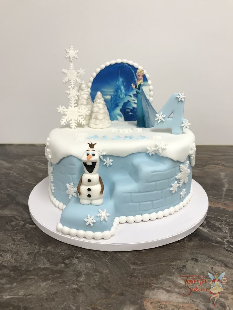 Geburtstagstorte Mädchen - Elsa und Olaf beim Eisschloss mit Bäumen und Schneeflocken