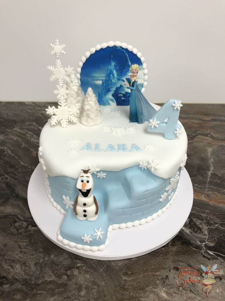 Geburtstagstorte Mädchen - Elsa und Olaf beim Eisschloss mit Bäumen und Schneeflocken