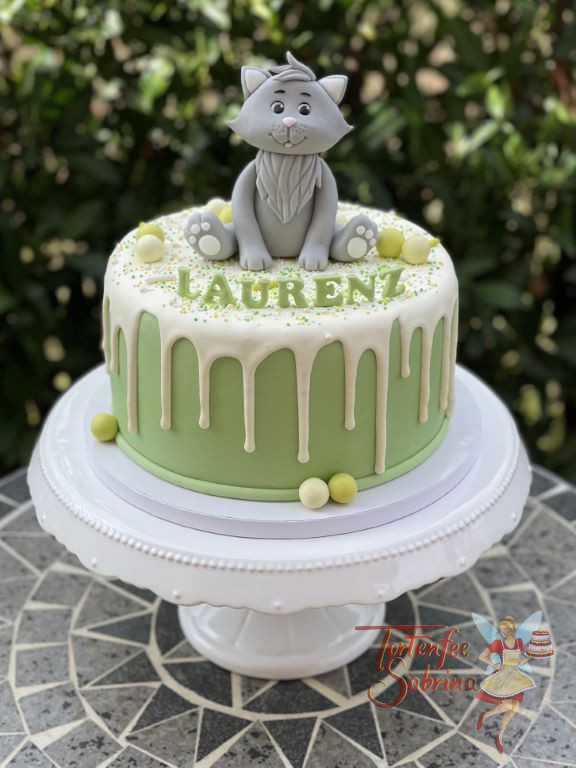 Geburtstagstorte Buben - Fröhliche Katze sitzt ganz oben auf dem weiß und grünen Drip Cake und spitzt die kleine Ohren.