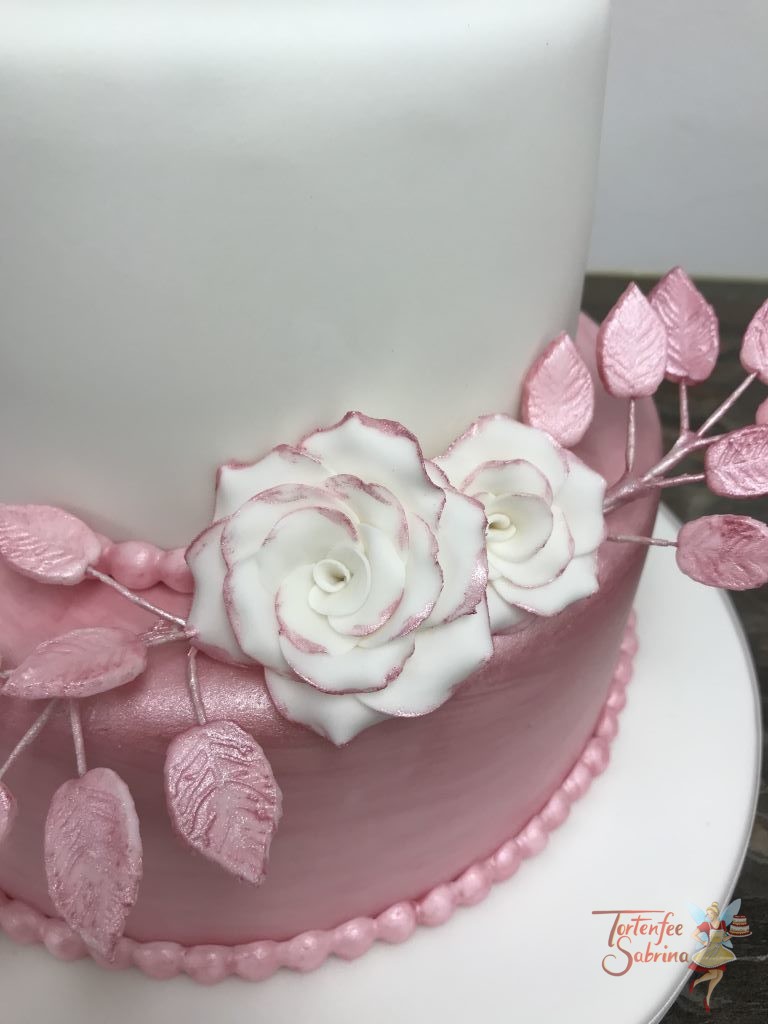 Geburtstagstorte Erwachsene - Glitzerndes Rosa mit weißen Rosen und rosa glitzernden Blättern