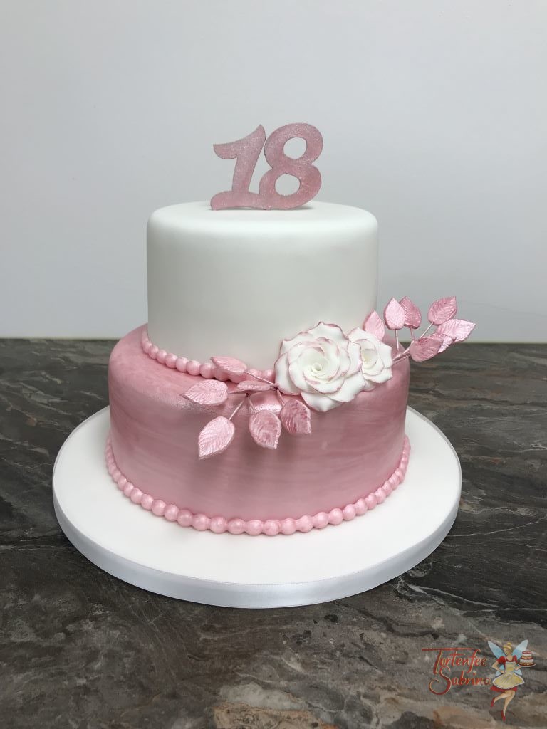 Geburtstagstorte Erwachsene - Glitzerndes Rosa mit weißen Rosen und rosa glitzernden Blättern