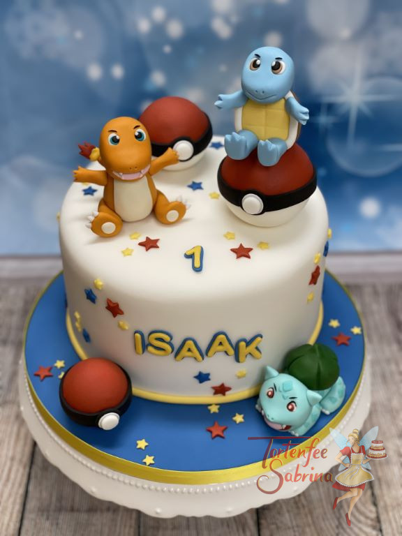 Geburtstagstorte Buben - Glumanda und Schiggy sind 2 Pokemons die auf der Torte aus den Pokebällen gekommen sind.