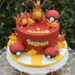 Geburtstagstorte Buben - Glumanda's Entwicklungen haben sich alle auf der Torte versammelt, umgeben von Pokebällen und Flammen.