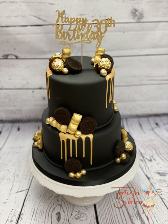 Geburtstagstorte Erwachsene - Gold on black, hier wurde die Torte ganz in der Farbe schwarz eingedeckt und mit goldenen Akzenten verfeinert.