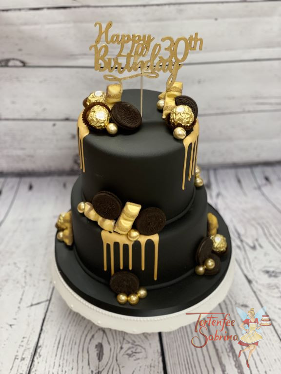 Geburtstagstorte Erwachsene - Gold on black, hier wurde die Torte ganz in der Farbe schwarz eingedeckt und mit goldenen Akzenten verfeinert.
