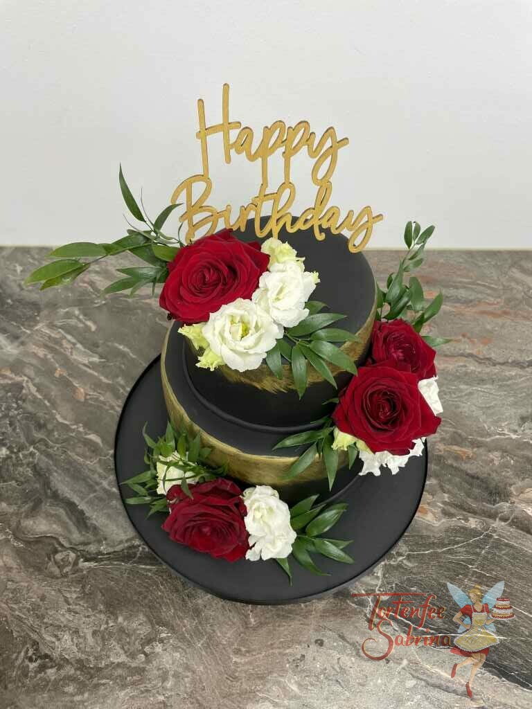 Geburtstagstorte Erwachsene - Gold und Schwarz mit Blumen und ganz oben auf der Torte ist ein Cake Topper.