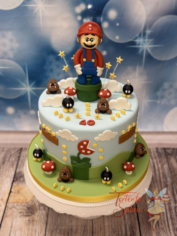 Geburtstagstorte Erwachsene - Kleine Bob-ombs und Gumbas erwarten Super Mario als er aus der grünen Röhre steigt.