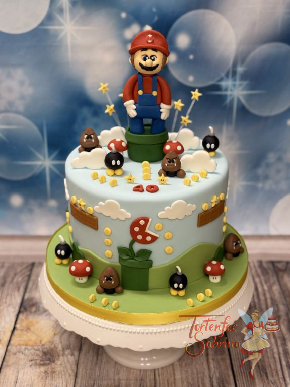 Geburtstagstorte Erwachsene - Kleine Bob-ombs und Gumbas erwarten Super Mario als er aus der grünen Röhre steigt.