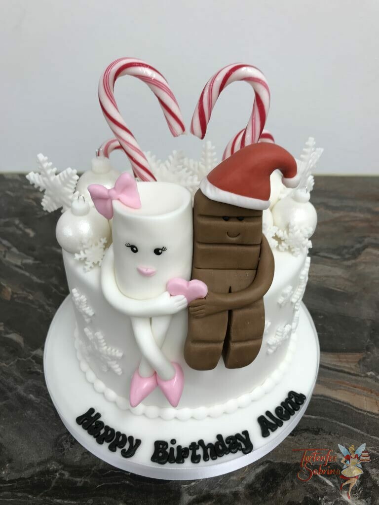 Geburtstagstorte Erwachsene - Milky and Schoki in the snow, die beiden sitzen ganz verliebt auf der Torte um geben von Schneeflocken.