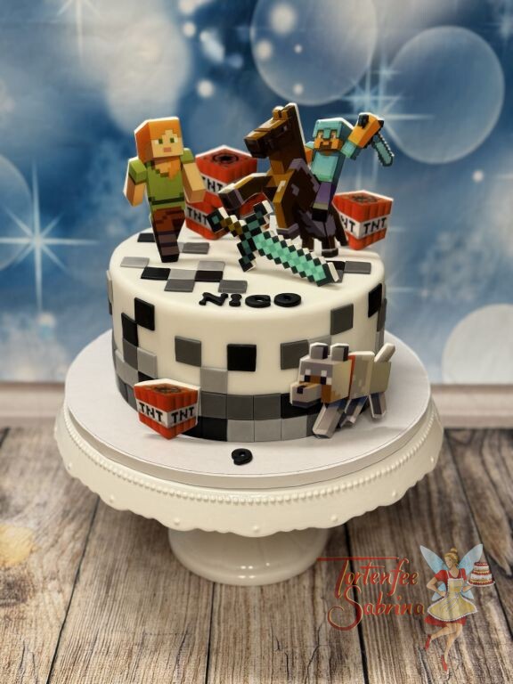 Geburtstagstorte Buben - Minecrafts TNT verziert die Torte welche zum Still passend mit vielen kleinen Kästchen.