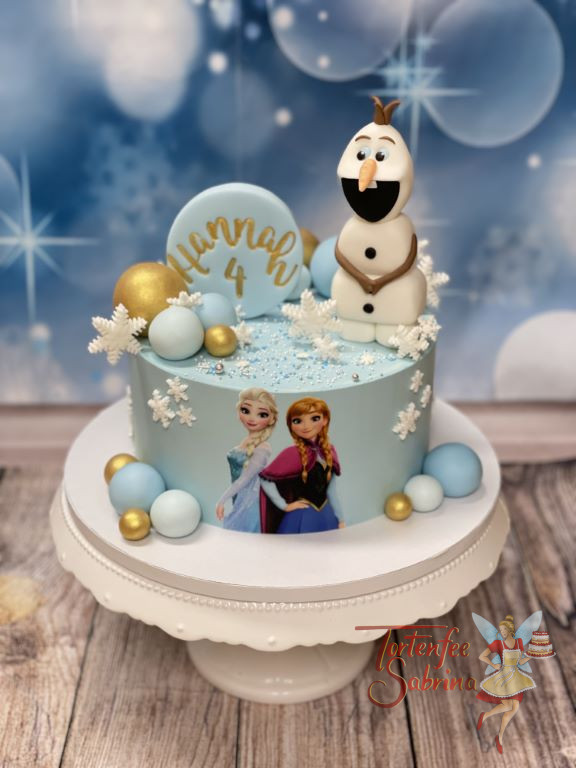 Geburtstagstorte Mädchen - Olaf ganz erfreut über die vielen Schneeflocken und das die Geschwister Anna und Elsa da sind.