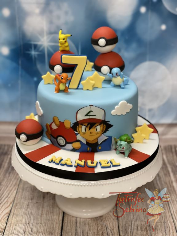 Geburtstagstorte Buben - Pokemons Ash ist mit seine kleinen Freunden und Beschützern aus den Pokebällen auf der Torte.