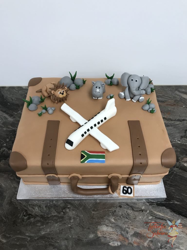 Geburtstagstorte Erwachsene - Reise nach Südafrika mit einem großen Koffer. Verziert mir Wappen, Flugzeug, Löwe, Nashorn und Elefant.