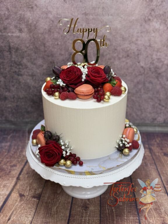 Geburtstagstorte Erwachsene - Rote Rosen und goldene Kugeln verzieren neben dem passenden Caketopper die Torte.