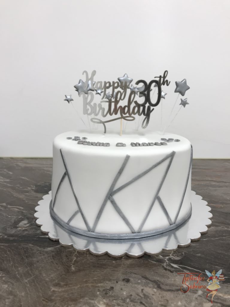 Geburtstagstorte Erwachsene - Silver Lines hier wurde die Torte mit silbernen Linien verziert, oben auf der Torte sind Sterne und Cake Topper.
