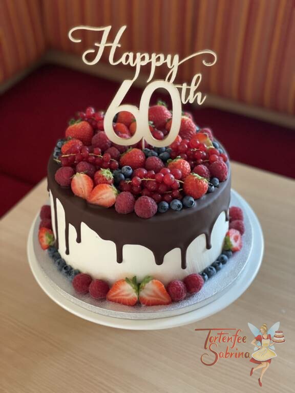 Geburtstagstorte Erwachsene - So viele Früchte auf dem Drip Cake mit passendem Cake Topper zum 60ten Geburtstag.