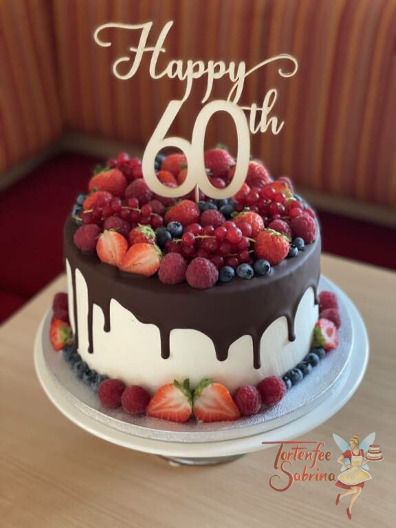 Geburtstagstorte Erwachsene - So viele Früchte auf dem Drip Cake mit passendem Cake Topper zum 60ten Geburtstag.