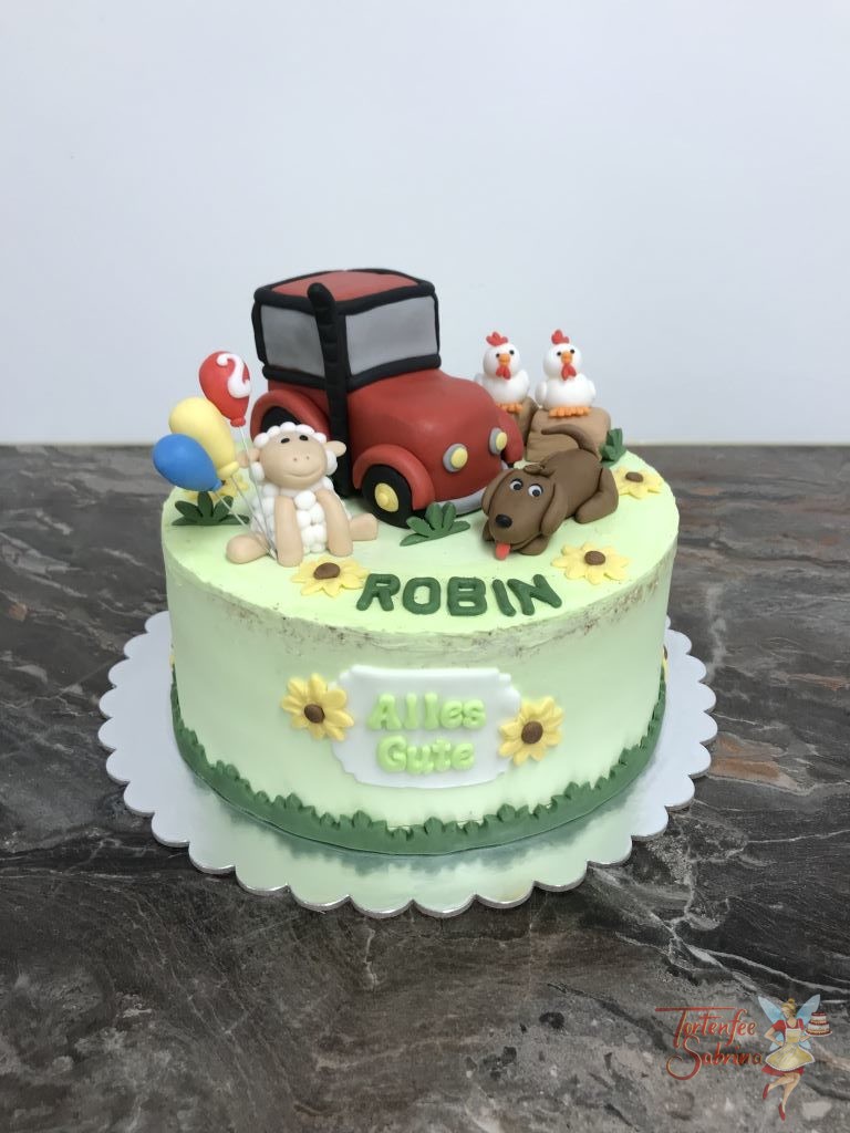 Geburtstagstorte Buben - Roter Traktor mit sein tierischen Freunden dem Hund, Schaf und Hühnern sowie Luftballons