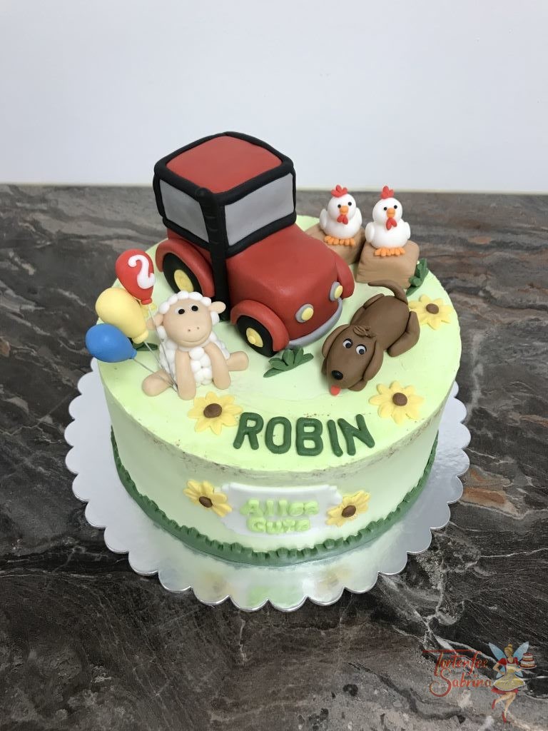 Geburtstagstorte Buben - Roter Traktor mit sein tierischen Freunden dem Hund, Schaf und Hühnern sowie Luftballons