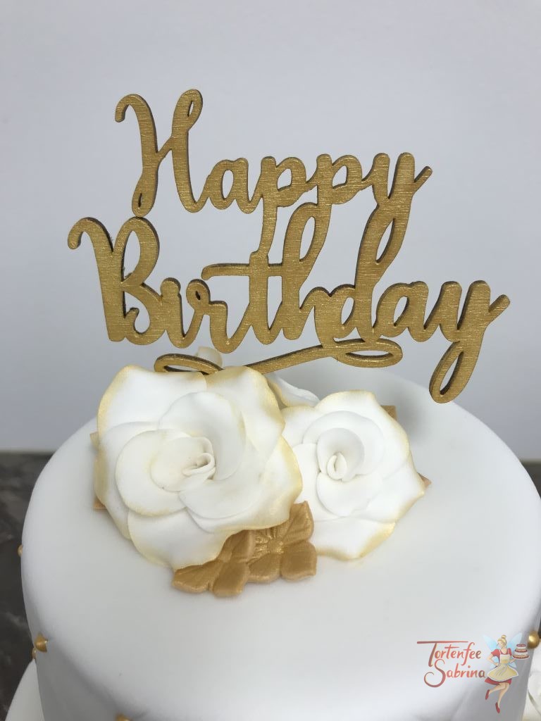 Geburtstagtorte Erwachsene - Weiße Rosen mit gold. Diese Torte wurde mit einem Rautenmuster mit goldenen Perlen verziert.