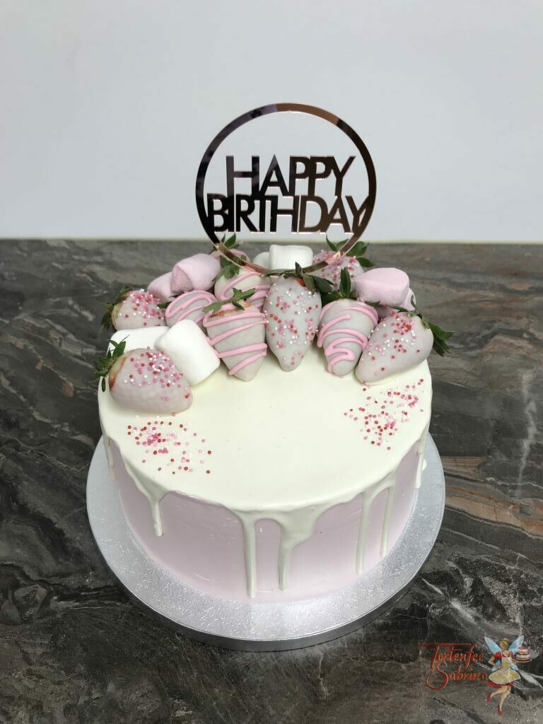 Geburtstagstorte Erwachsene - Weiße Schokoerdbeeren mit rosa Verzierung und Streusel zieren die Torte, ebenso ein Cake Topper.
