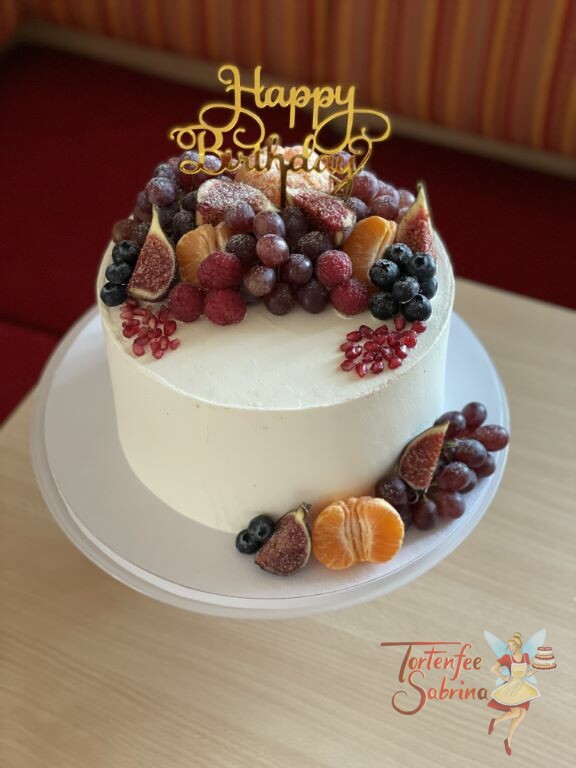 Geburtstagstorte Erwachsene - Wunderschöne Herbstfarben zieren in Form von verschiedenen Früchten die Torte, ebenso ein goldener Cake Topper.