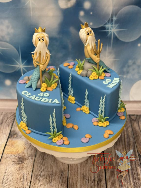 Geburtstagstorte Erwachsene - Zwei Wassermänner sitzten jeder für sich auf ihrer Hälfte der Torte und bewundern die Unterwasserwelt.