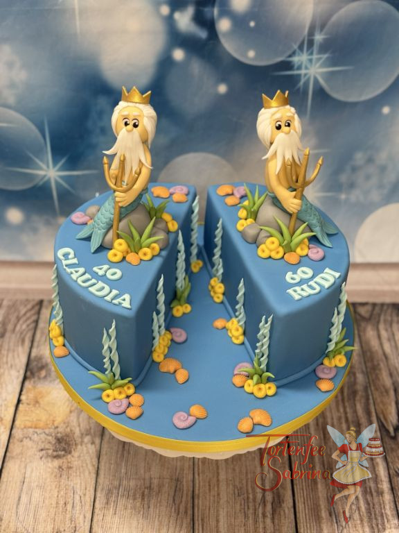 Geburtstagstorte Erwachsene - Zwei Wassermänner sitzten jeder für sich auf ihrer Hälfte der Torte und bewundern die Unterwasserwelt.