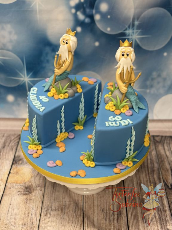 Geburtstagstorte Erwachsene - Zwei Wassermänner sitzten jeder für sich auf ihrer Hälfte der Torte und bewundern die Unterwasserwelt.