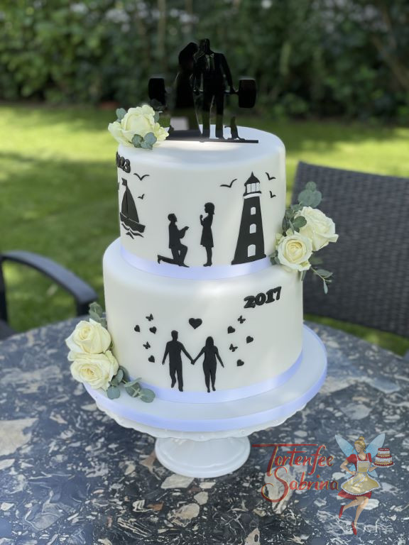 Hochzeitstorte - Die Gewichtheber sind das Hochzeitspaar in Form des Caketoppers auf der Torte, darunter die Timeline.