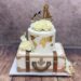 Hochzeitstorte - Reise um die Welt, die zweistöckige Torte besteht unten aus einer Torte im Kofferdesign und oben ist die Weltkarte zu sehen.
