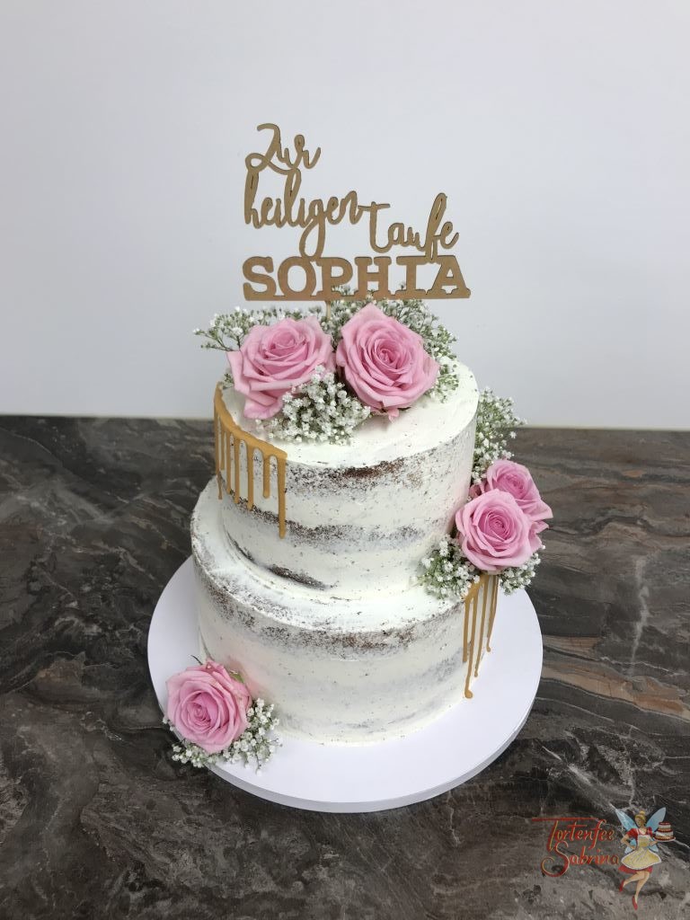 Tauftorte - Goldener Drip mit Rosen auf einer naked Cake mit persönlichem Cake Topper