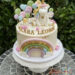 Tauftorte - Viele Luftballons in verschiedenen Farben verzieren neben dem lachenden Einhorn und dem Regenbogen die Torte.